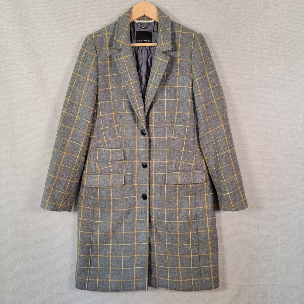 Banana Republic Town Coat Wool Blend Long Windowpane Car Jacket Womens Medium
